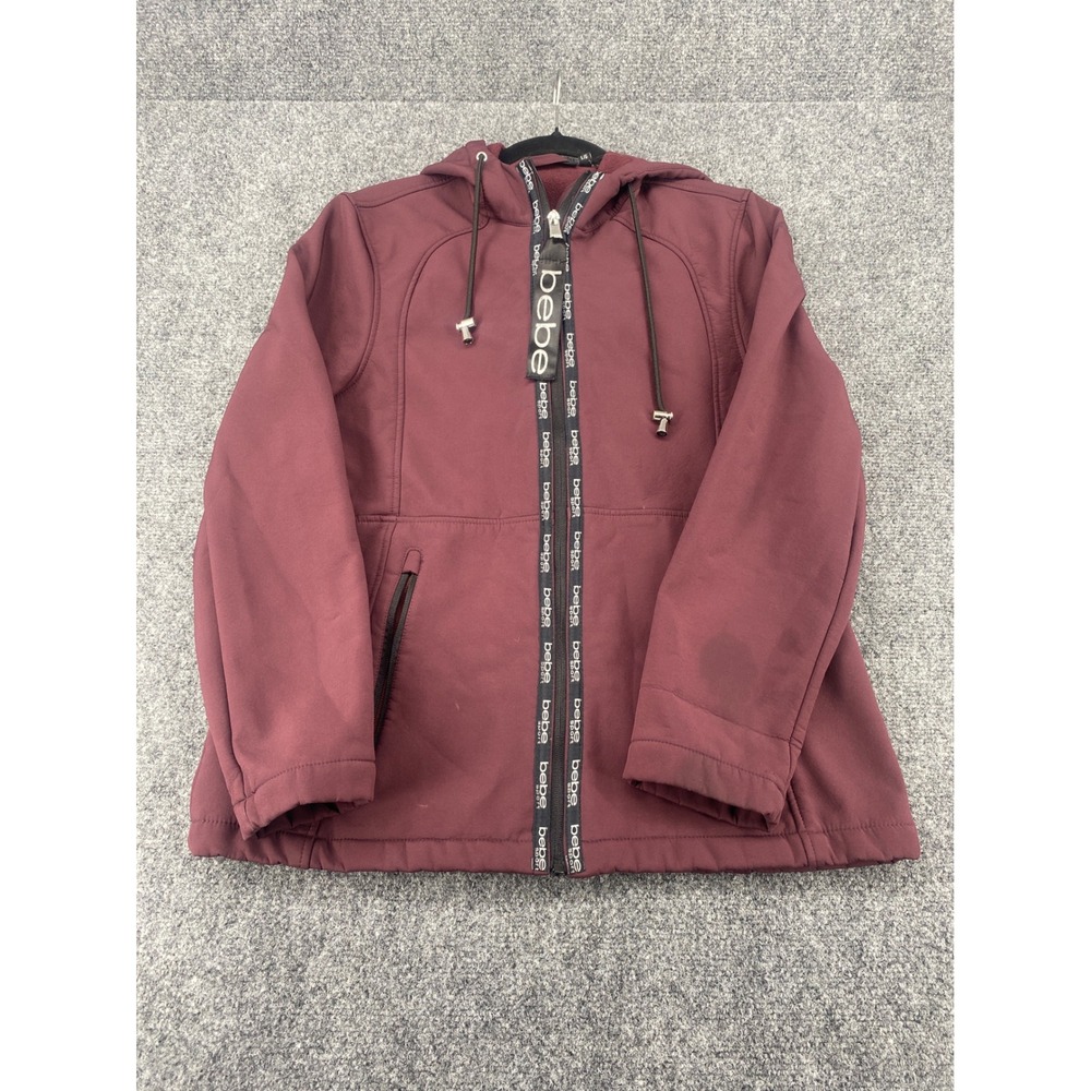 Bebe Sport Softshell Hooded Jacket Women Large Burgundy Fleece Full Zip 2337